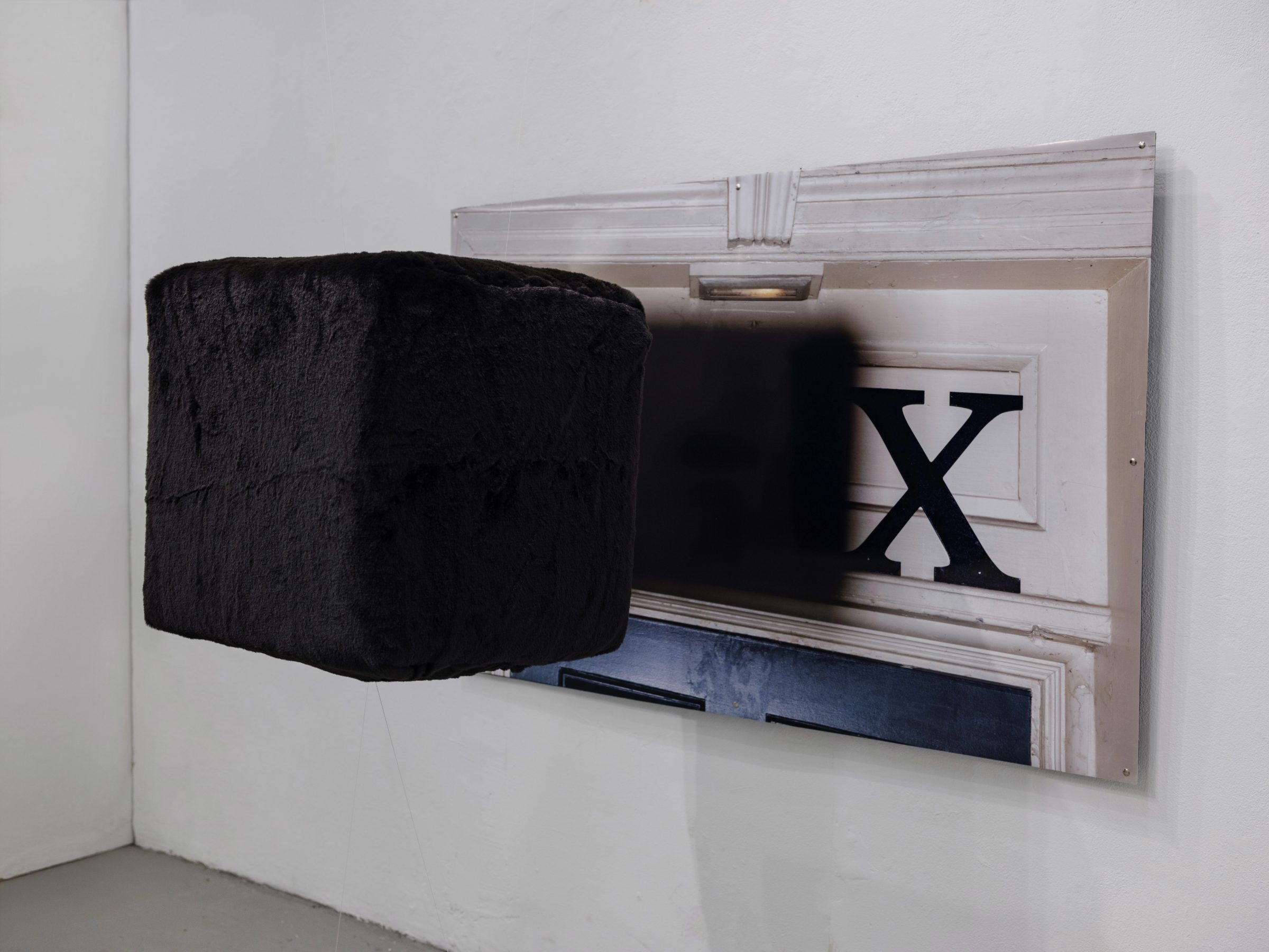 BOX/BOX/BOX: a black fur cube suspended in front of a mounted print of a white door panel.