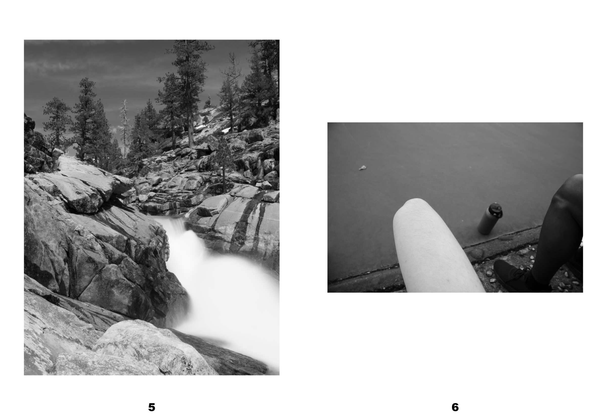Spread: a black-and-white waterfall over granite at left; a cropped knee and water bottle at a lakeshore at right.