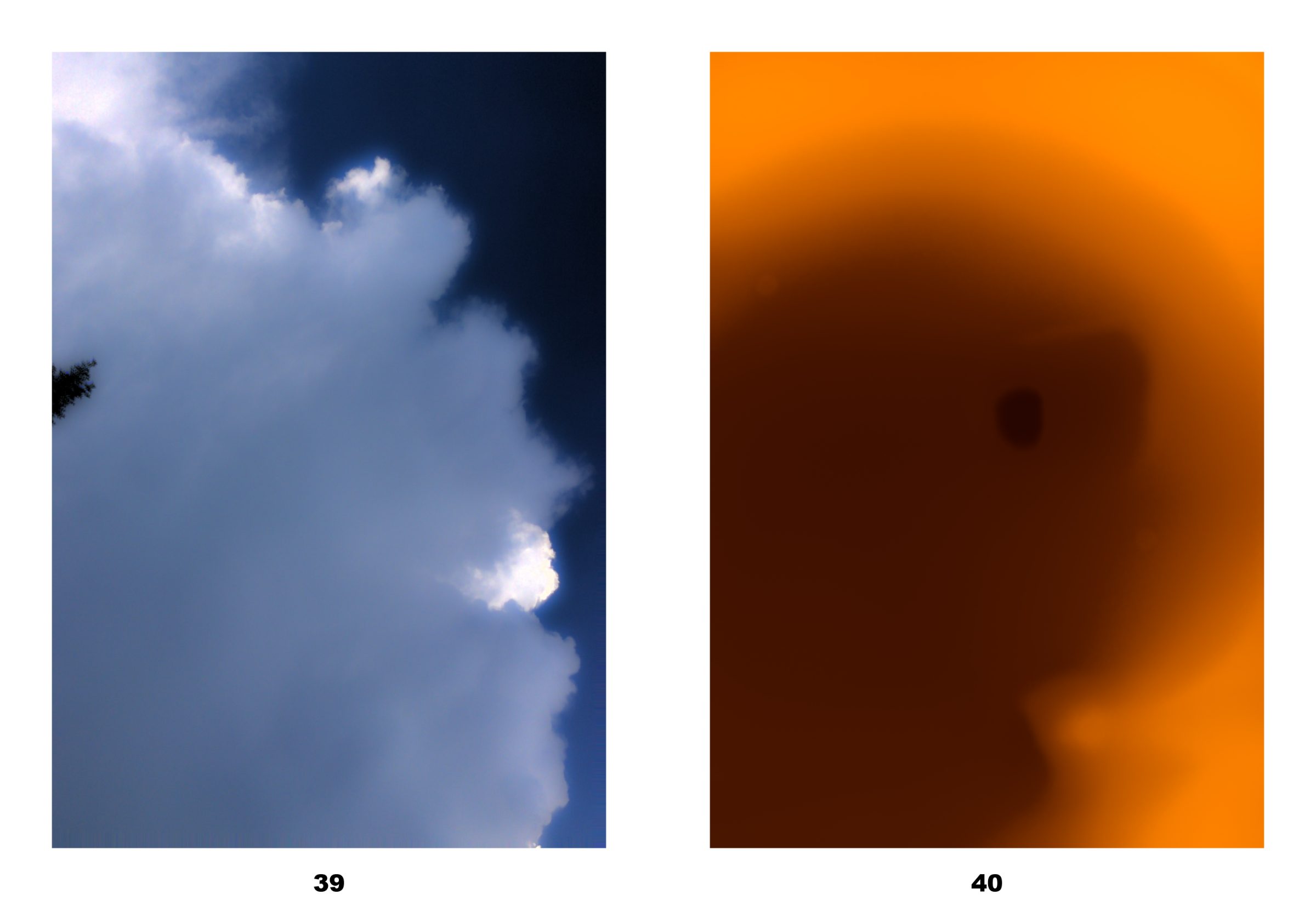 Spread: a towering cumulus cloud against deep blue sky at left; a burnt-orange haze with a dark shape at right.