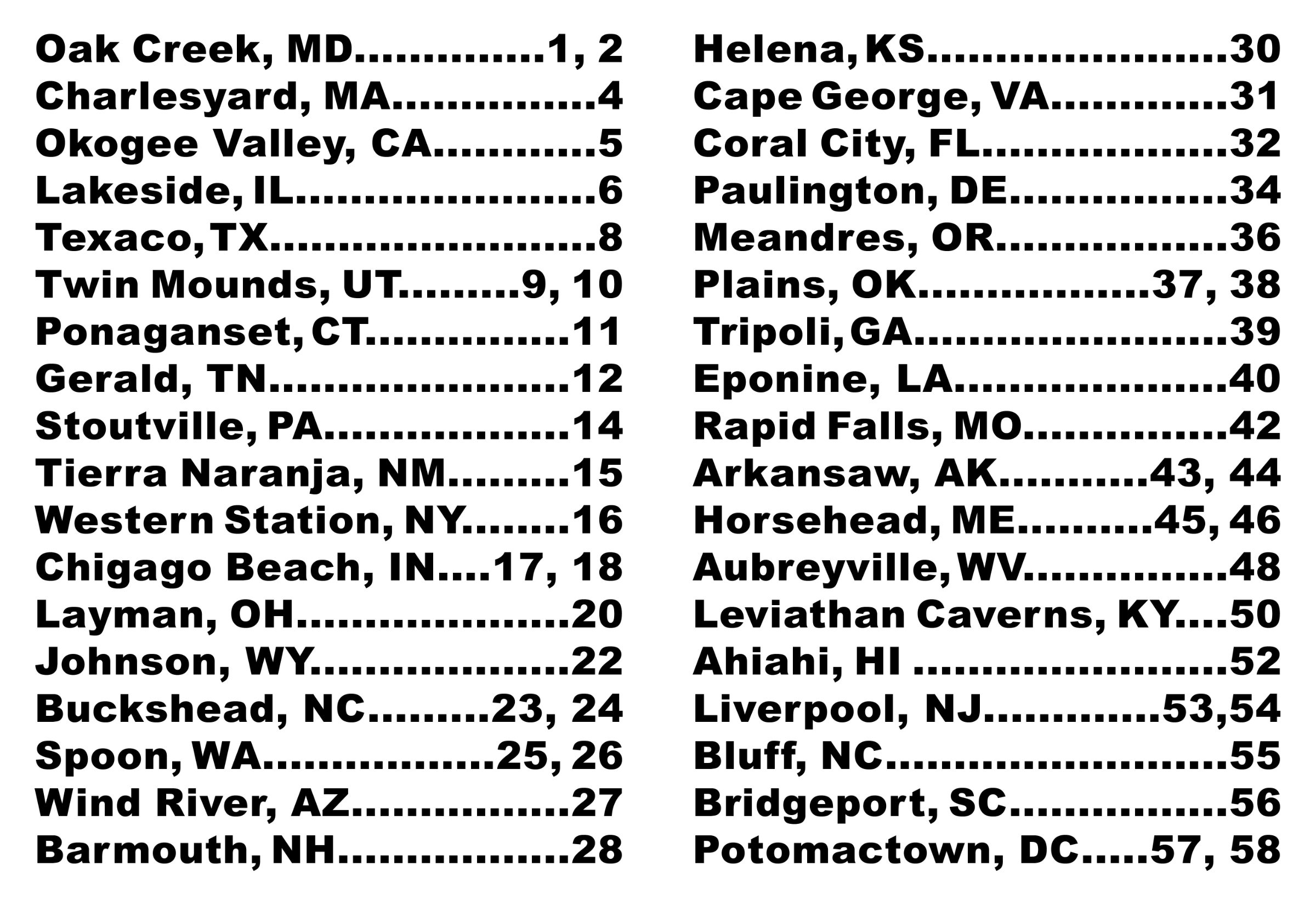 Contents page listing place names and page numbers across the United States.