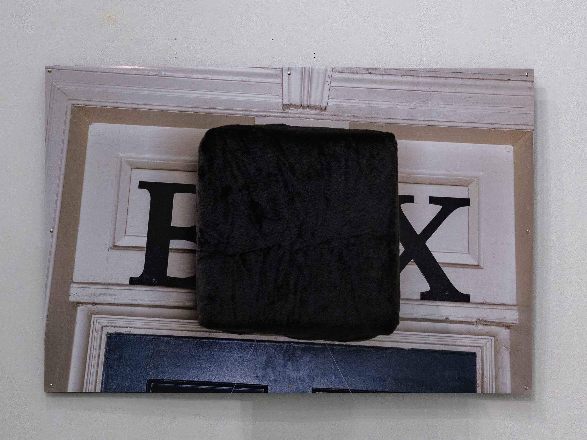 A large print of a white door panel reading BOX, with a black plush fur cube projecting out from the wall over the centre of the image.