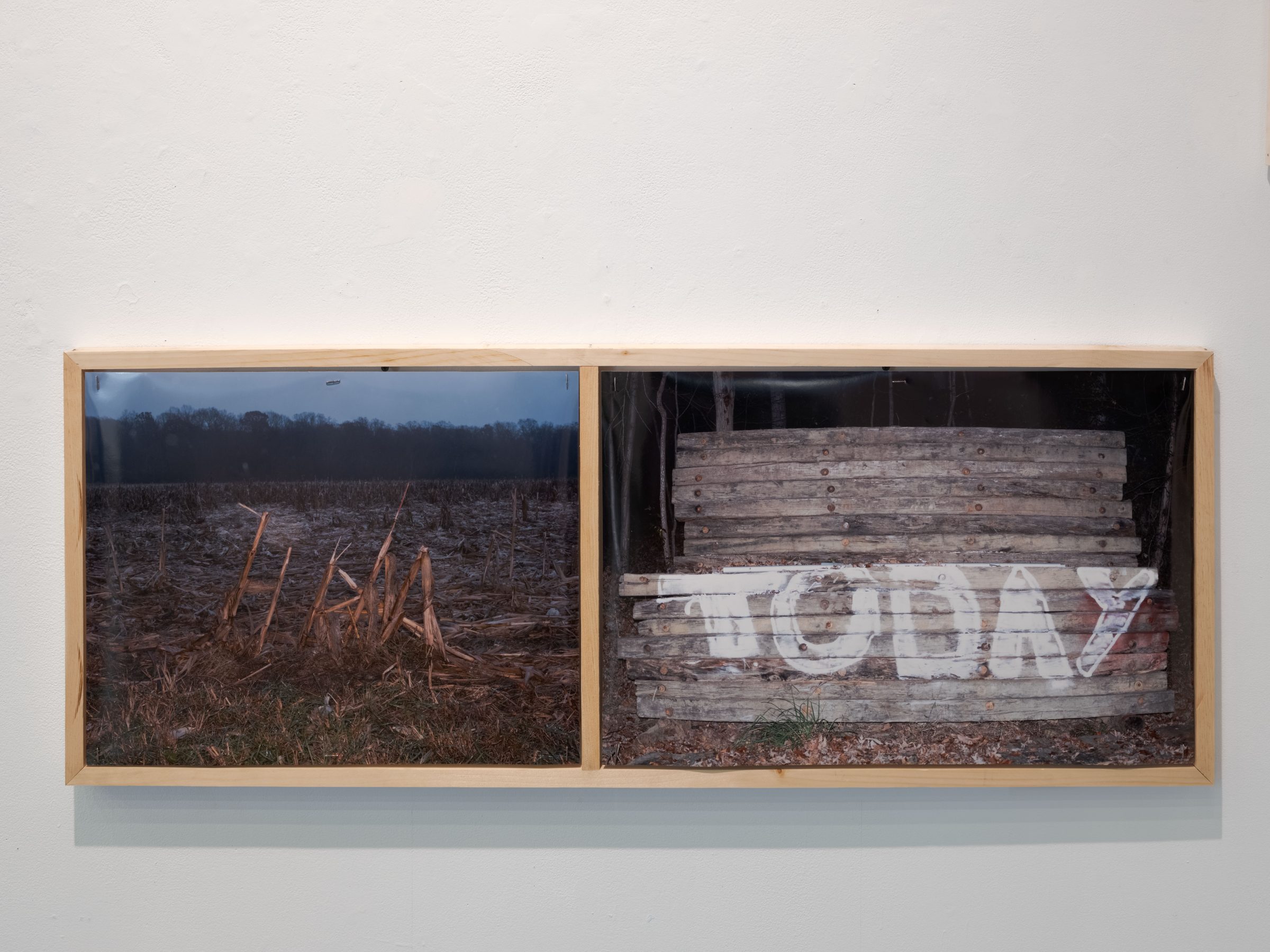 A diptych in one long wooden frame: a dusk cornfield with broken stalks on the left, and stacked weathered planks painted with the word TODAY on the right.