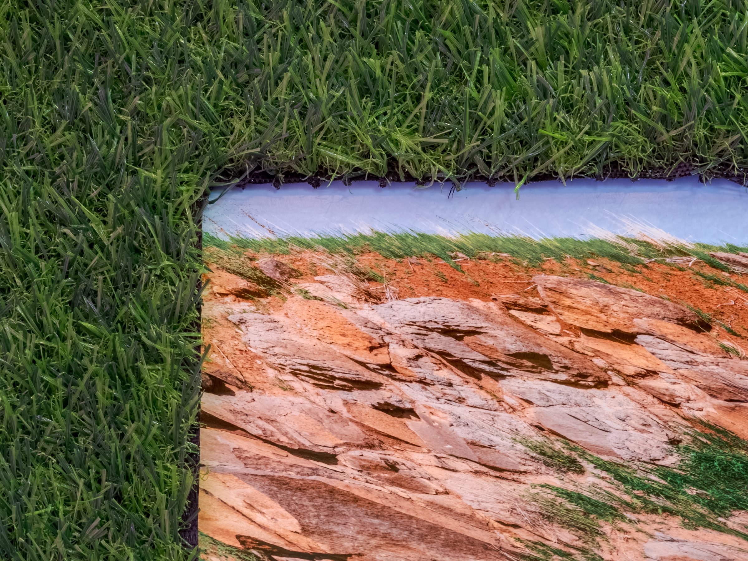 Detail: the edge where the artificial turf meets the printed rock-and-sky image.