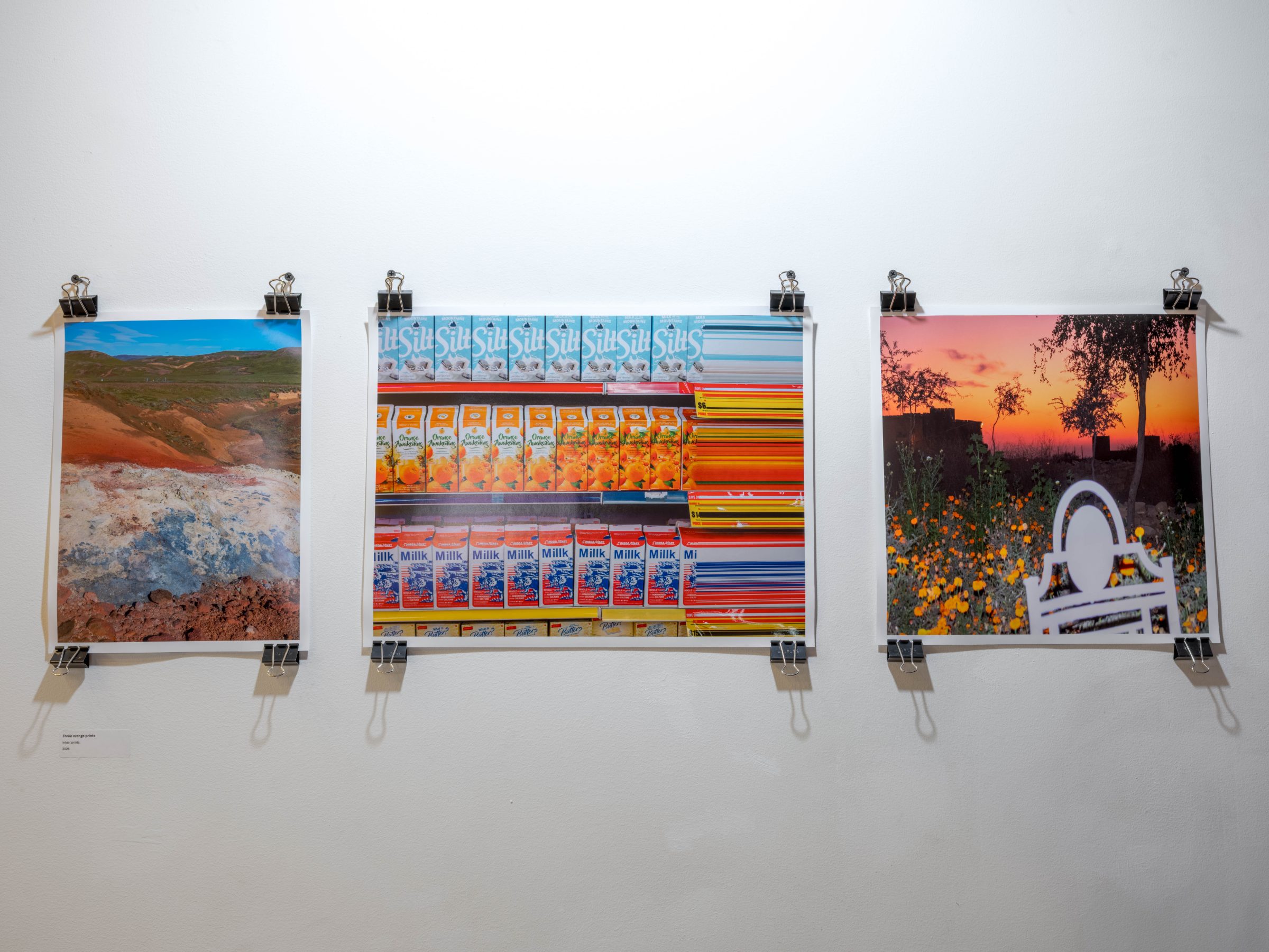Three clipped inkjet prints in a row: a red-and-blue geothermal landscape, a supermarket shelf of milk and juice cartons, and orange wildflowers at sunset.