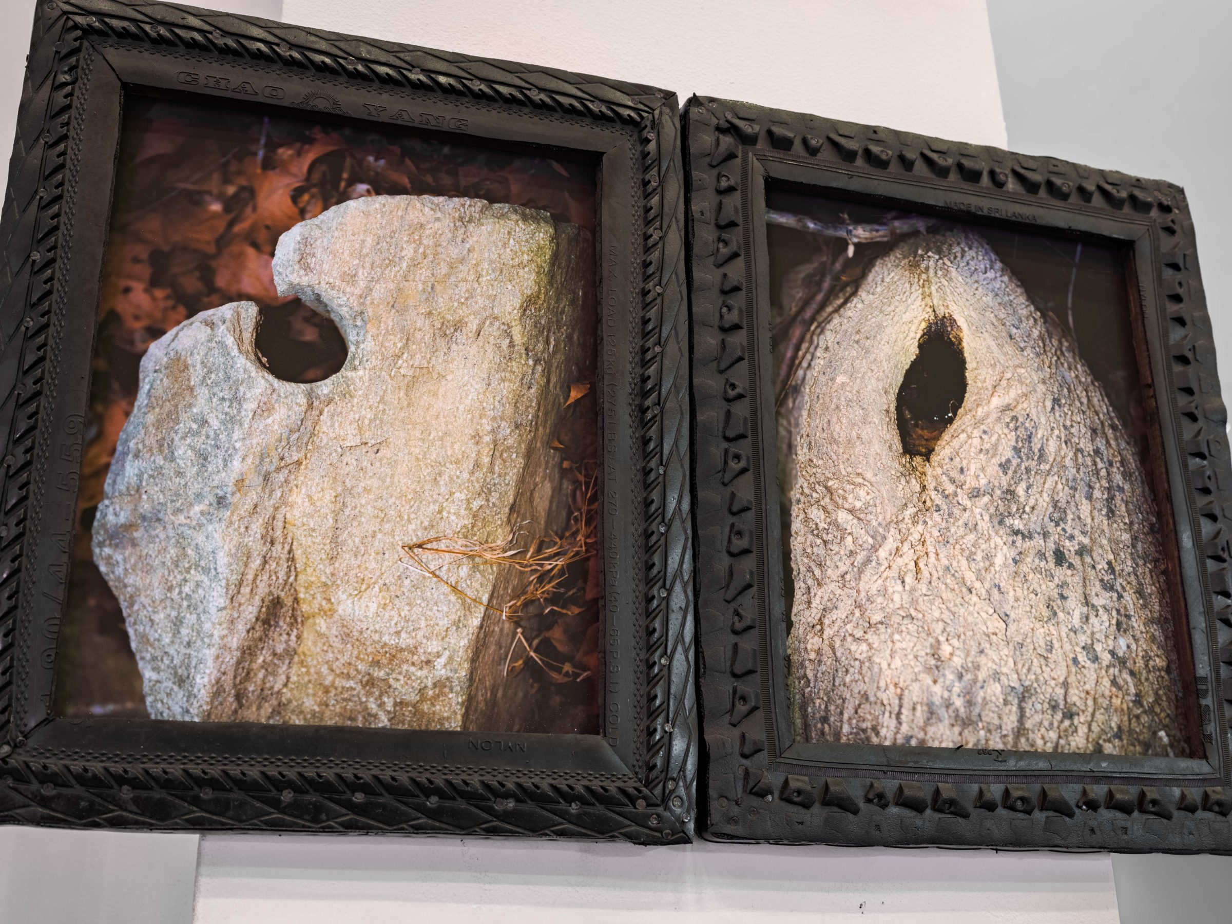 Two photographs in black tire-and-wood frames: a hole worn through a granite stone, and a dark hollow in a tree trunk.